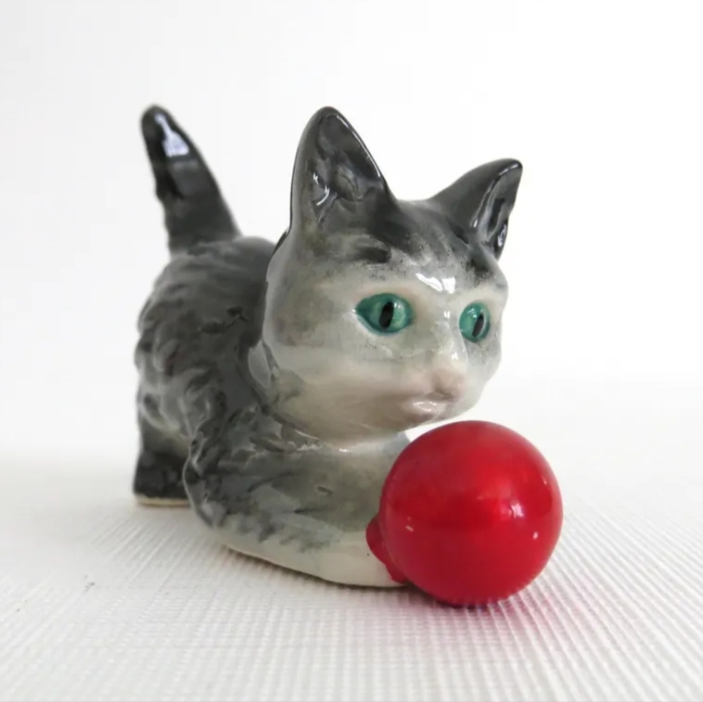 Rare Vintage Signed Goebel Porcelain Cat with Red Ball
